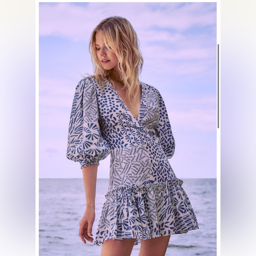 NWT Alexis summer blue and white cotton vacation mini dress small